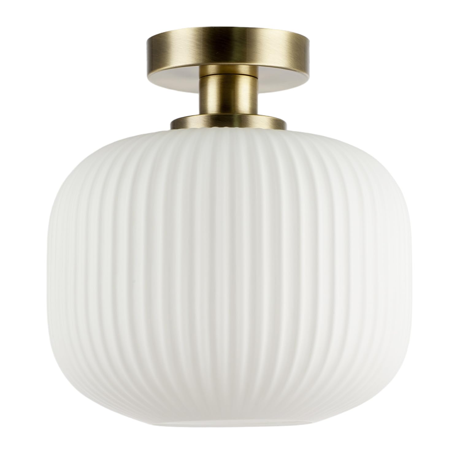 Happy Homewares Modern Antique Brass Bathroom Ceiling Light with Opal White Ribbed Glass Round Shade | 26cm x 25cm | IP44 Rated Protection