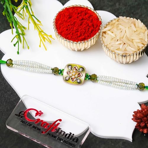 Image of eCraftIndia Beautiful Flower Pearl Rakhi for Brother with Gift Combo Set Hamper | Raksha Bandhan Rakhi for Bhai Bhaiya | Best Bro Ever Fridge Magnet | Roli Chawal Pack