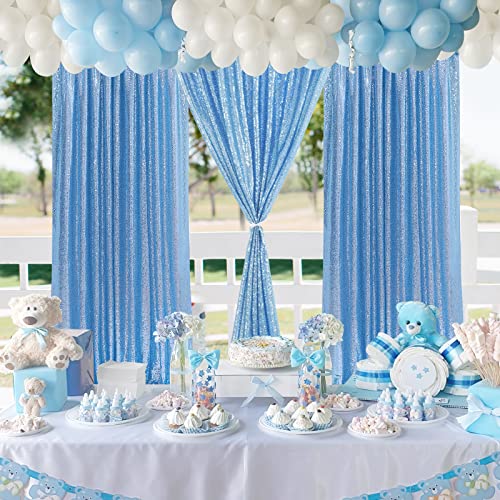 Image of Wedding Sequin Backdrop Curtains 4 Pcs 2ftx8ft Baby Blue Sparkly Stage Backdrop Drapes Birthday Party Background Decoration