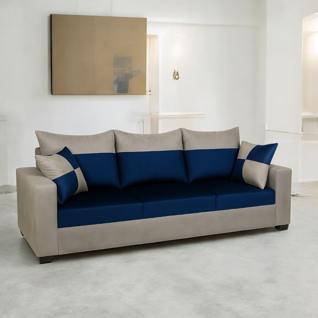 FURNY Arissa 3 Seater Fabric Sofa Set (Light Grey-Dark Blue) Premium Velvet Finish| Durable Comfort | Ideal for Living Room