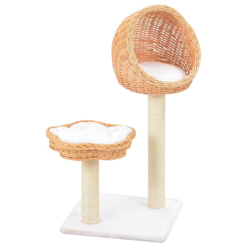 Albero per gatti realizzato a mano in legno naturale con corda in sisal, 2 cestini in vimini e cuscini rimovibili per affilare gli artigli, arrampicarsi e rilassarsi, design compatto