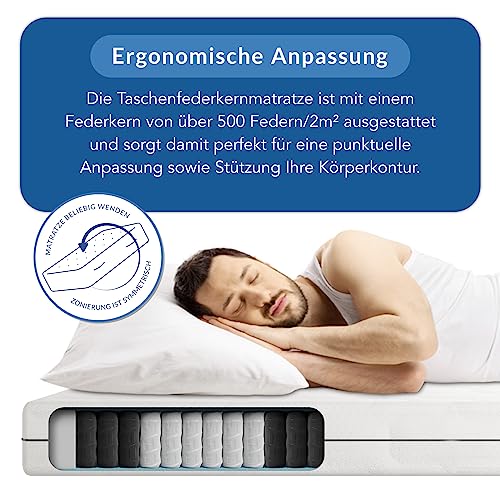 BMM Matratze 90x200 cm Ortho Medic Taschenfederkernmatratze Härtegrad H3 ergonomische 7 Zonen...