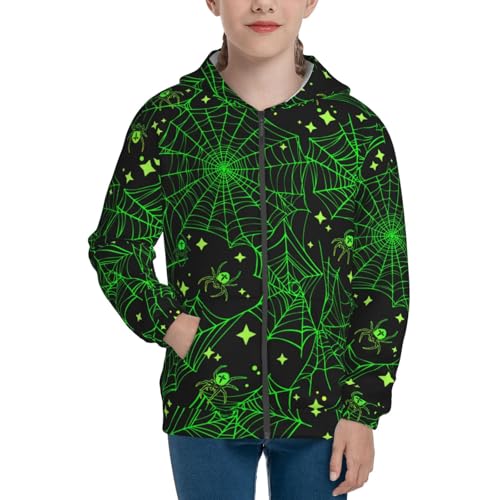 Green Bright Web with Spiders Kid Hoodies Boys Zip Up Sweatshirts Girls Pullover with Pocket3
