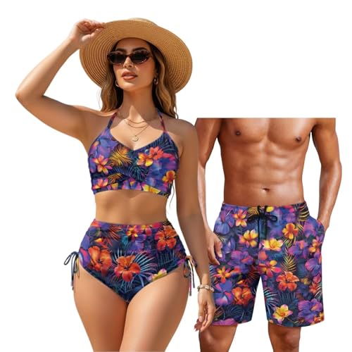 YECARYPOD Hibiscus Palm Leaf Matching Vacation Outfit Men's Hawaiian Beach Shorts Summer Beach Bikini Set for Women Two Piece Crisscross Back Swimsuits Matchable Couple Travel Outfits