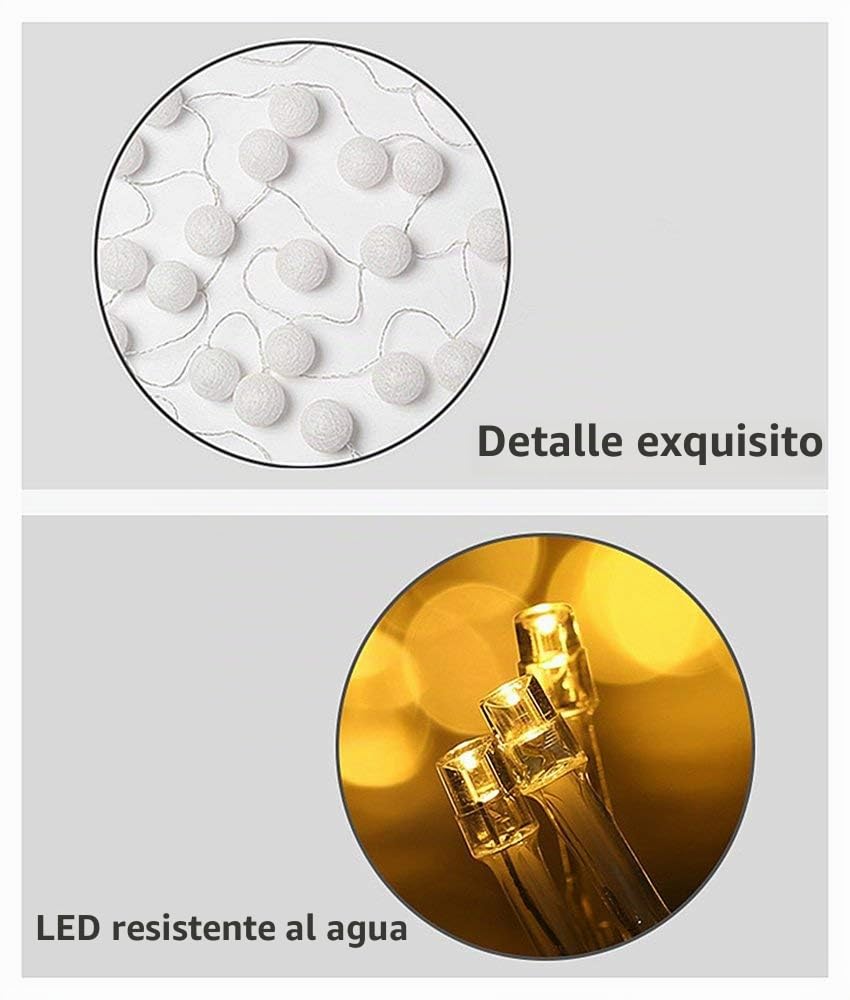 Guirnalda de luces LED, de Elinkume, con 20 bolas de algodón, 3,3 m, funciona con pilas, luz blanca cálida
