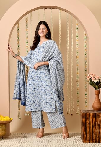 Image of Amazon Brand - Tavasya Women Cotton Anarkali Kurta Pant Dupatta Set | Printed Ethnic Suit Set | Flared Anarkali Kurta with Pant & Dupatta | Festive & Casual Wear