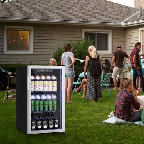 Image of DOGHLY 3.2 Cu.ft Beverage Refrigerator Cooler, 126 Can Mini Fridge with Glass Reversible Door, Digital Temperature Display for Soda, Beer or Wine For Office Bar with Adjustable Removable Shelves