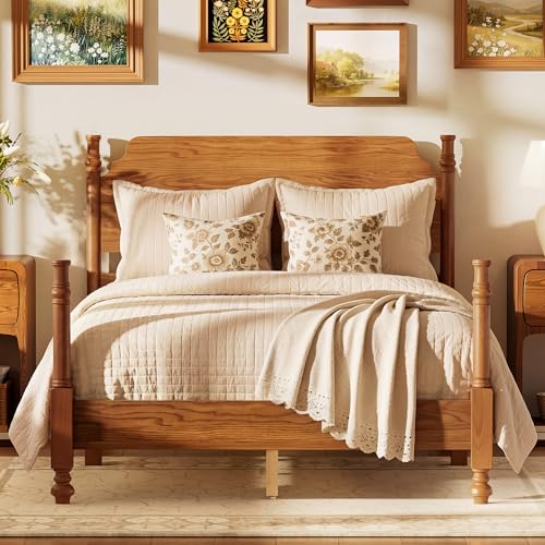 Merax Vintage Wood Spindle Post Bed with Headboard Full Size Traditional Platform Bed Frame/No Box Spring Needed/Easy Assemble Light Walnut