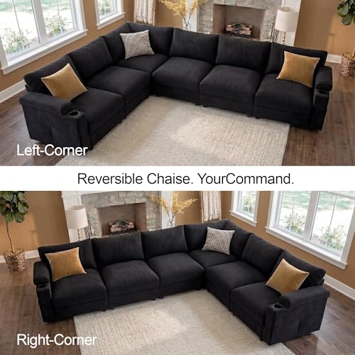 Image of Sectional Couches for Living Room FSC Certified Chenille Modular Couch Oversized Cloud U Shaped Convertible Sleeper Sofa Chaise Detachable Armrest Cushion (Chenille Black, L Shape 6 Seat)