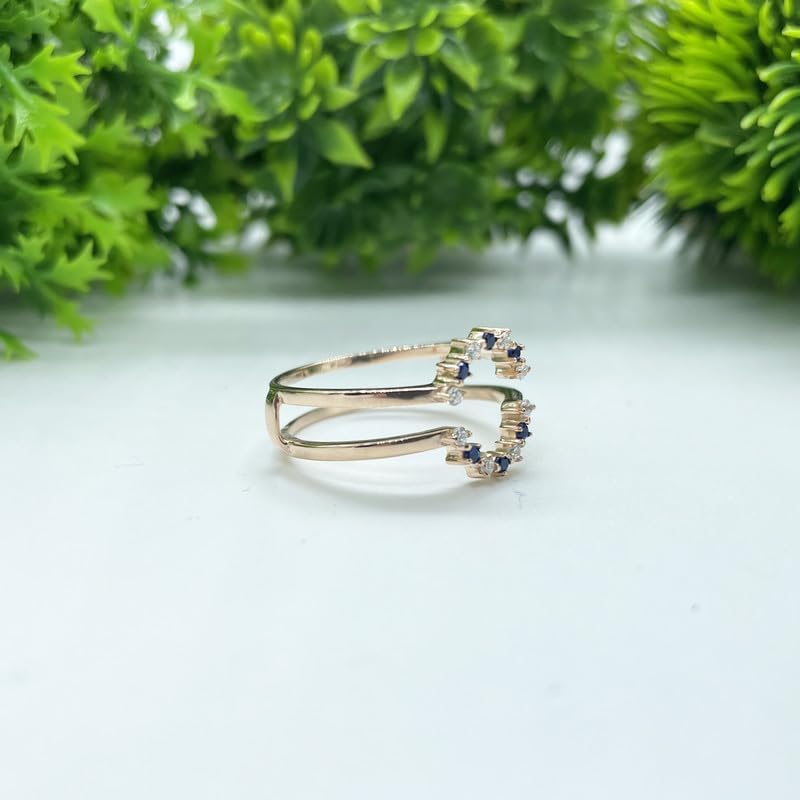 Blue Sapphire & Diamond Crown Shaped Curved Enhancer Guard For Women, 14K Gold Finish September Birthstone Sapphire U-Shaped Wrap Ring