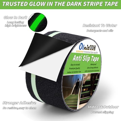 Image of Anti Slip Traction Tape with Glow in Dark Green Stripe, 4In x 60ft High Traction Friction Non Skid Stairs Treads, Waterproof Anti Slip Tape, Abrasive for Steps, Ramp, Skateboard, Outdoor Indoor