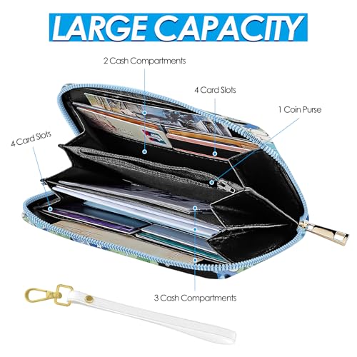 Womens Wallet, Black Cats Wristlet Wallet For Women, Blue Flowers Credit Card Holder Purse With Zipper, Birthday Christmas Graduation Gifts For Women Mom, Travel Office Daily Purse4