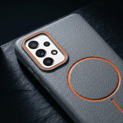 Image of amazon basics Luxury MagSafe Compatible Leather Texture Back Cover for Samsung Galaxy A73 5G | Raised Camera Protection | Slim Fit Shockproof Case with Metallic Accents (Gray)