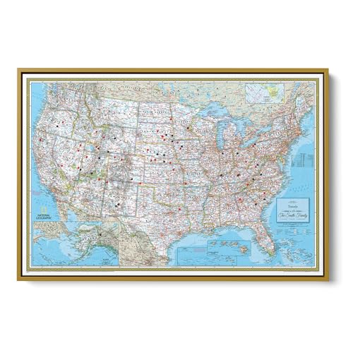 Image of National Geographic Classic USA Map with Pins - Personalized United States Travel Map Canvas - Extra Large Framed Wall Decor - Gold Float Frame - 34 inch x 51 inch