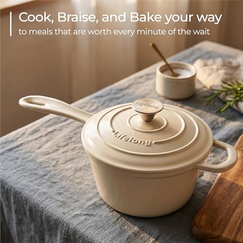 Image of Lifelong Enamel Cast Iron Saucepan with Lid (1.9L, 20cm) | Oven, Gas & InductionŚ Compatible | Slow Cooking, Even Heat Distribution, Non-Toxic, Durable, Naturally Nonstick, No Stains or Scratch(Ivory)