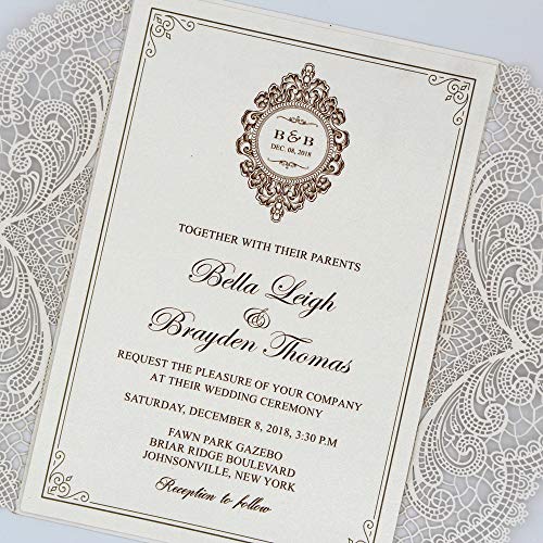 Picky Bride 25-Pack Elegant Wedding Invitations Cards, Save The Date, Ivory Laser Cut Invitations with Ribbon Bow and Envelopes Blank Invitations - Set of 25 pcs (Ivory Ribbon, Blank)