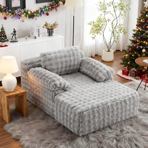 VINGLI Boneless Chaise Lounge Chair, Light Grey Oversized Reading Chair Upholstered Bubble Fleece Cloud Couch Sofa Recliner Bed Comfy Sleeper Lounge for Living Room, Movie Room, Bedroom - Thumbnail 2