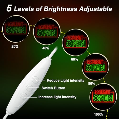 Image of Open Neon Sign Dimmable Led Wall Light for Business Restaurant Decor | 16.5*9.5IN,Five level brightness adjustment,USB powered,For Business Fast Food Club Coffee Shop Restaurant Stores Hotel