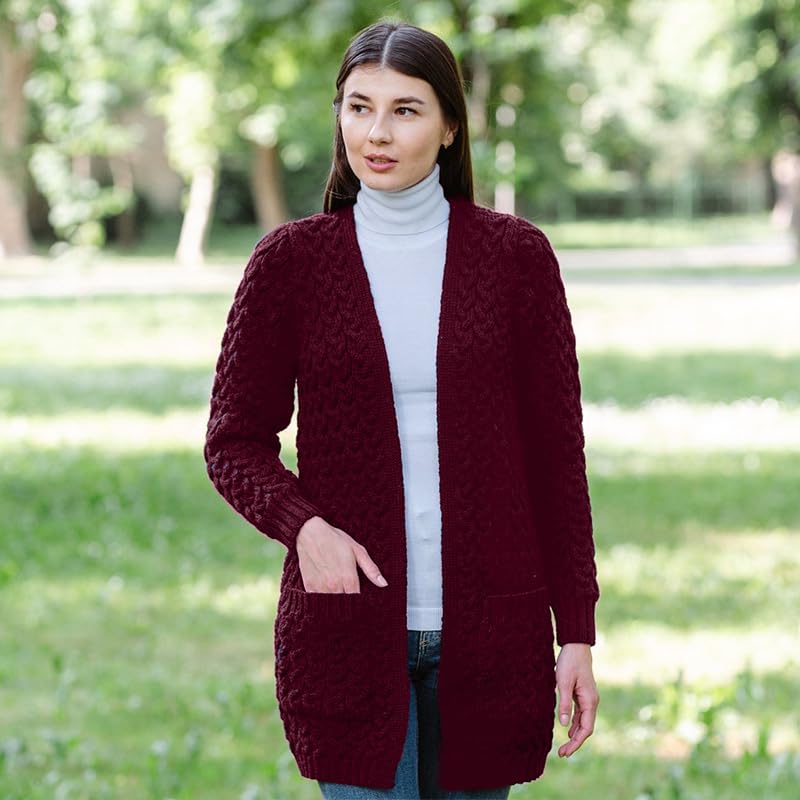 Image of SAOL Aran Coat for Women - Irish Open Front Fisherman Cardigan with Pockets - Merino Wool Made in Ireland