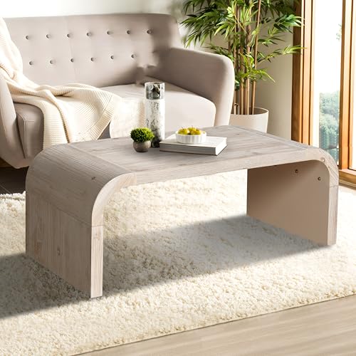 KUVADAZ Wooden Coffee Table, 47.24' Rectangle Mid Century Modern Wood Coffee Table, Curved Design, Farmhouse Vintage Crafts Cocktail Tea Table for Living Room Table Natural