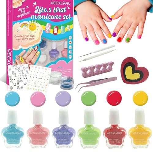 NEEXUAAN Kids Nail Polish, 15 PCS Nail Art Kit, Non-Toxic Toddler Nail Polish, Quick Dry Water-Based Peelable Fingernail Polish for Girls, for Ages 6-12 Girls Birthday, Halloween, Christmas Gifts