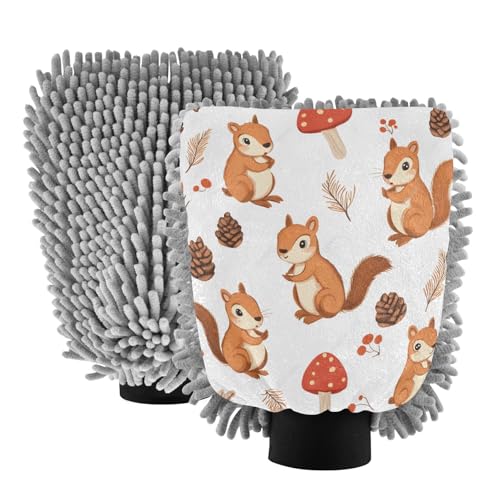 STAYTOP Cute Squirrels and Mushrooms Car Wash Mitt Microfiber, 2Pcs Scratch Free Lint-Free, Premium Chenille Microfiber Mitt Car Wash Brush-M