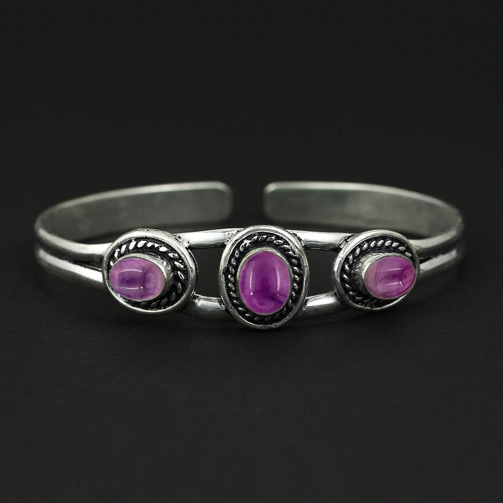 Natural Three Gemstones 925 Silver Overlay Open Bangle for Women - Oval Stone Vintage Style Handmade Adjustable Cuff Bracelet Jewelry - Perfect for Wedding & Special Occasions - Image 6