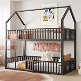 PUGSDRLY Lit Superposé Enfant 90x200cm en Métal,Lit Superposé 2 Places,Design Loft,Forme du Toit,Inférieur avec Petite Porte,pour Enfant,sans Matelas (Noir, 90x200)