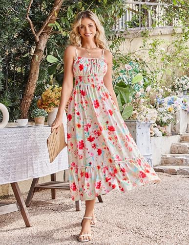 Image of GRACE KARIN Summer Dresses for Women 2026 Vacation,Smocked Floral Maxi Dresses,Boho Beach Long Sundress Red White Floral S