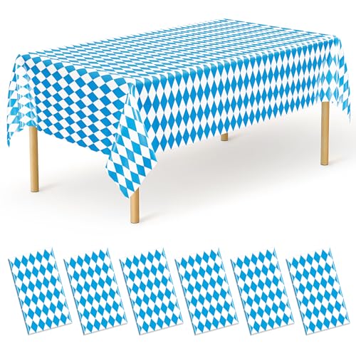 Image of QZYL 6 PCS Oktoberfest Party Supplies, 54 X 108 in Rectangular Plastic Bavarian Blue White Diamond Checks Tablecloth, Disposable Oktoberfest Decorations, Tablecloth for Wonderland Picnic Beer Party