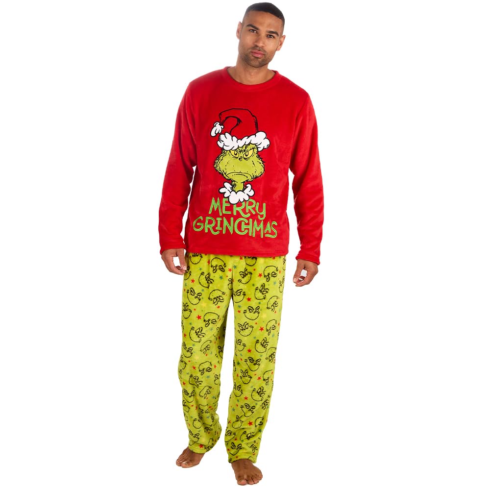 Huggable Hoodie Adults Mens Grinch Applique warm Fleece Longline Pyjama Set Green Large