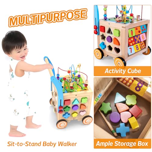 WOODMAM 9-in-1 Wooden Activity Cube | Wooden Baby Walker, Sit-to-Stand Learning Walker Activity Center, Early Educational Push & Pull Toys for Baby Toddler Boys Girls, Height & Brake Adjustable