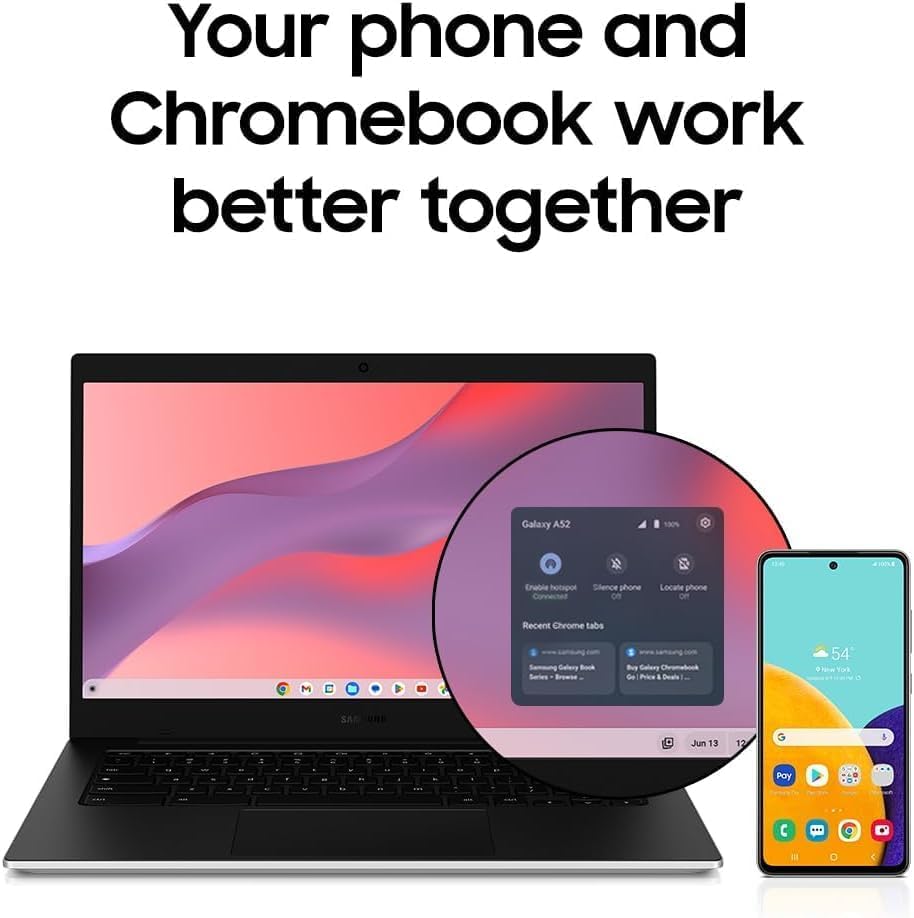 Image of Samsung 14 inch Galaxy Chromebook Go Laptop PC Computer, Intel Celeron N4500 Processor, 4GB RAM, 576GB Storage Space (64GB eMMC + 512GB External Drive), ChromeOS, Student Laptop, Silver