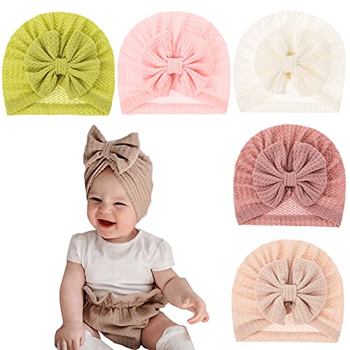 Image of Asufegucd 5 Pieces Baby Turban Hats Infant Knot Turbans Boys Beanie Soft Toddler Cap Waffle Style