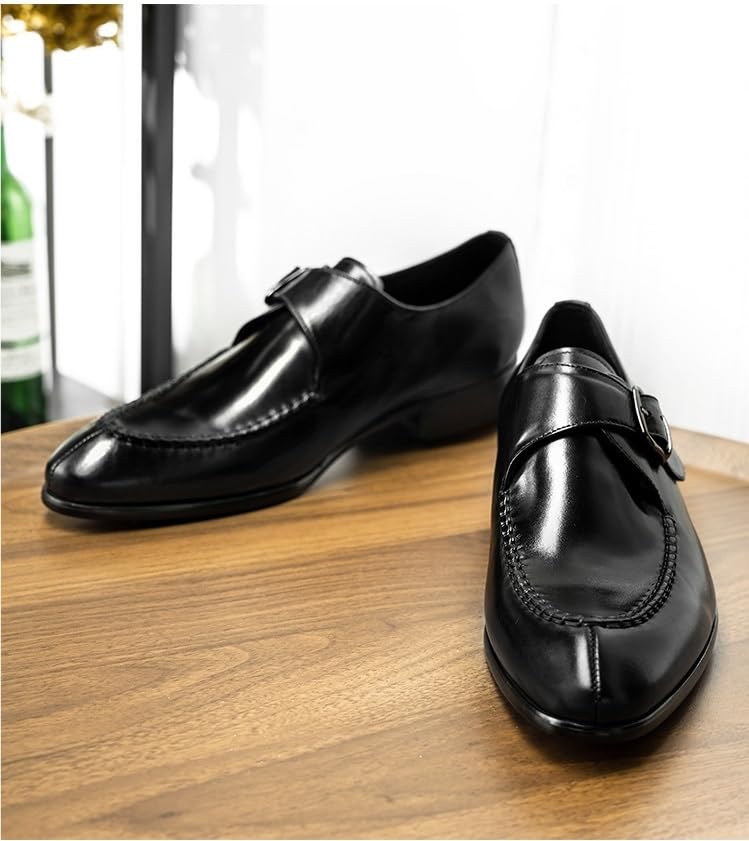 HOOENG Oxford Dress Shoes for Men Slip On Pointed Toe Genuine Leather Split Toe Monk Strap Block Heel Slip Resistant Anti-Slip Rubber Sole Casual(Black,8.5)4