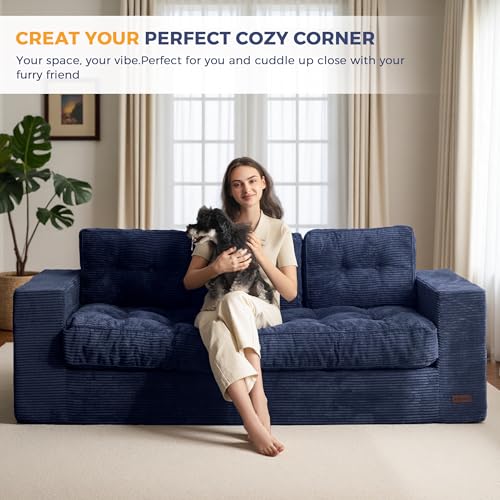 Image of MAXYOYO Loveseat Sofa Couch, Upholstered Bean Bag Chair Cloud Seat for Adults, Boneless Couch with Cushion & Pillows, Sofa in A Box, No Assembly Required, Corded Navy, 3-Seat