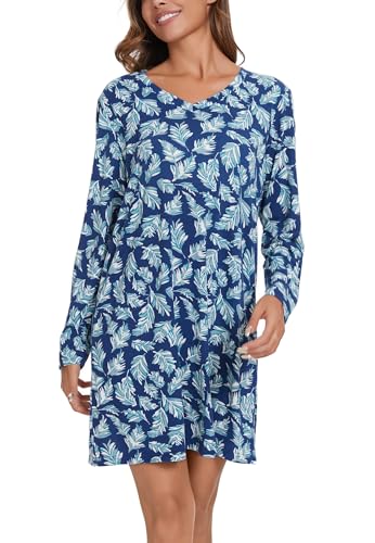 Image of Kabento 2 Pack Long Sleeve Nightgowns for Women Soft Cotton Night Gowns Sleepwear V Neck Nightshirts