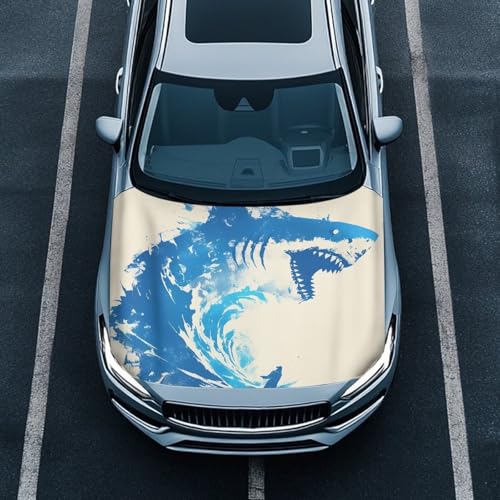 Image of Wild Shark Great Wave Car Hood Cover Protector Vehicles Sedans Trucks SUVs, Blue Shark Aesthetic Art Stretchable Auto Accessories, Ocean Surfing Lover Car Bonnet Banner