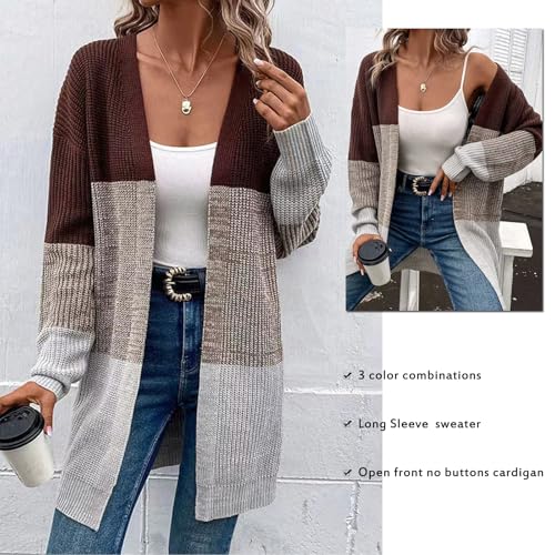 Image of Blostirno Womens Striped Long Open Cardigan Sweaters Long Sleeve Contrast Color Knitted Coat Outerwear