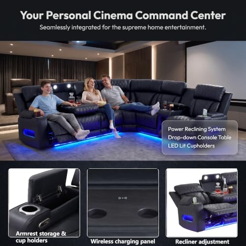 Image of Breathable Leather Power Recliner Sectional Sofa, Bass Speakers, Cup Holder & Storage Console for Living Room Home Theater