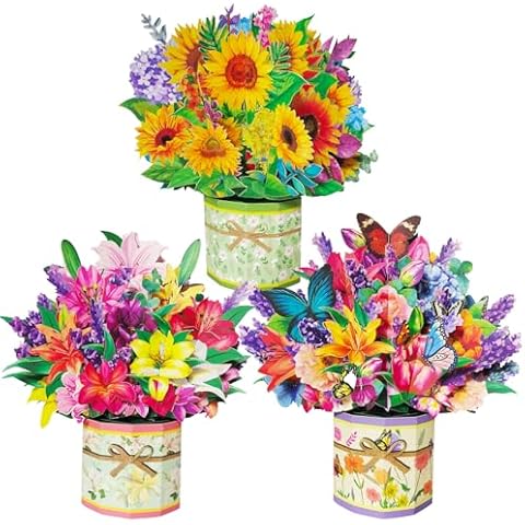 JZLiner 3pcs Pop Up Flower Bouquet Card 3D Greeting Cards With Blank Note Card For Mom Women Birthday Mother'S Day Valentine Cover