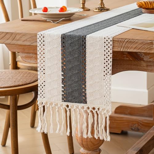 Image of FEXIA Boho Table Runner for Summer Home Decor with Tassels 72 Inches Long Farmhouse Grey Rustic Burlap Table Runner Macrame Table Decoration for Kitchen Bedroom Living Room (12x72 Inches)