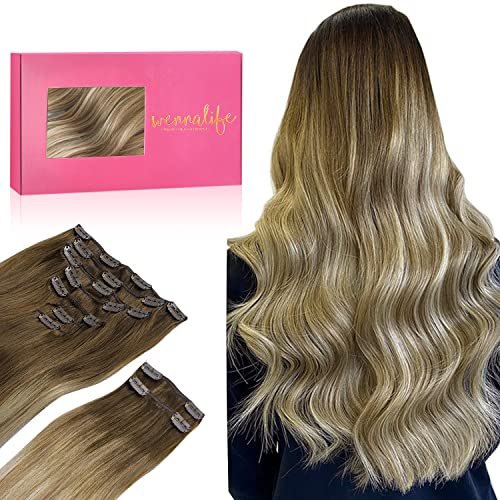 WENNALIFE Clip in Hair Extensions, 150g 20 Inch 9pcs Ombre Walnut Brown to Ash Brown and Bleach Blonde Human Hair Extensions Thicker Clip in Hair Extensions Real Human Hair Clip Set Double Weft