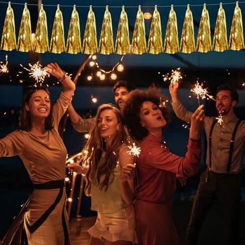 Image of 4P Gold Foil Fringe Metallic Tassel Streamers Banner Tassel Garland for Parade Floats, Bachelorette, Wedding, Birthday, Halloween, Christmas, Bridal /Baby Shower Party Decorations