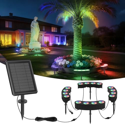 Image of Upgraded Solar Tree Lights Outdoor RGBW Color Changing, Solar Ring Palm Tree Uplights with 4000mAh Battery, Angle-Adjustable Stake, 3-in-1(Stake /Tie /Hang), IP65 Waterproof Landscape Spotlight for Yard