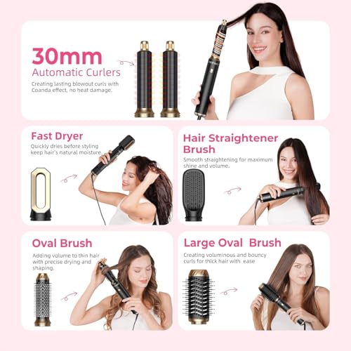 Image of Atopskins 6 in 1 Hair Dryer Brush Hot Air Styler Detachable for Travel, Blow Dryer 3 Heat Settings to Straighten, Auto Curl, Volumize Home Salon Results Frizz-Free Shine All Hair Types (Black1)
