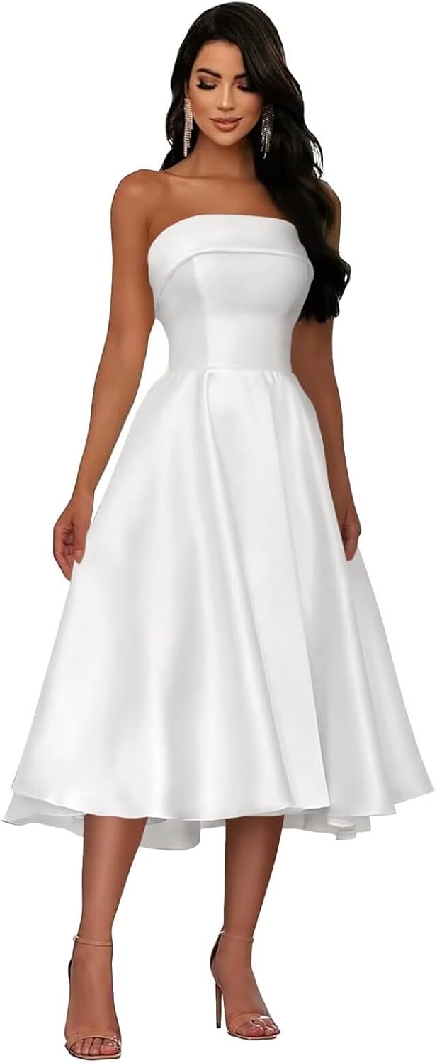 Strapless Satin Prom Dress Tea Length Party Dress A Line Formal Evening Gown for Women