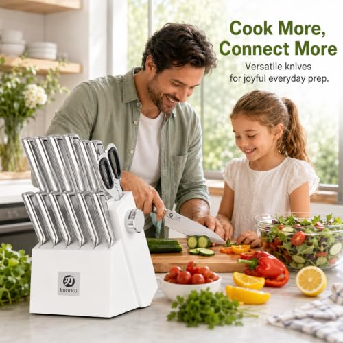 Image of imarku 14-Piece Knife Set with Block, Pro power, home ease | Pro sharp high carbon steel. Self-sharpens easy. Ergo grip no fatigue. Safe non-slip home prep. Gift for homewarming