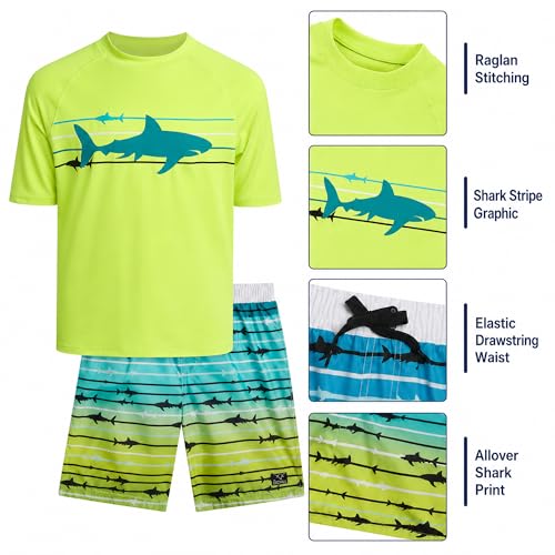 Image of Big Chill Boys Swim Set - 2 Piece Quick Dry UPF 50 Short Sleeve Rash Guard for Boys and Swim Trunks - Swimwear Set for Kids