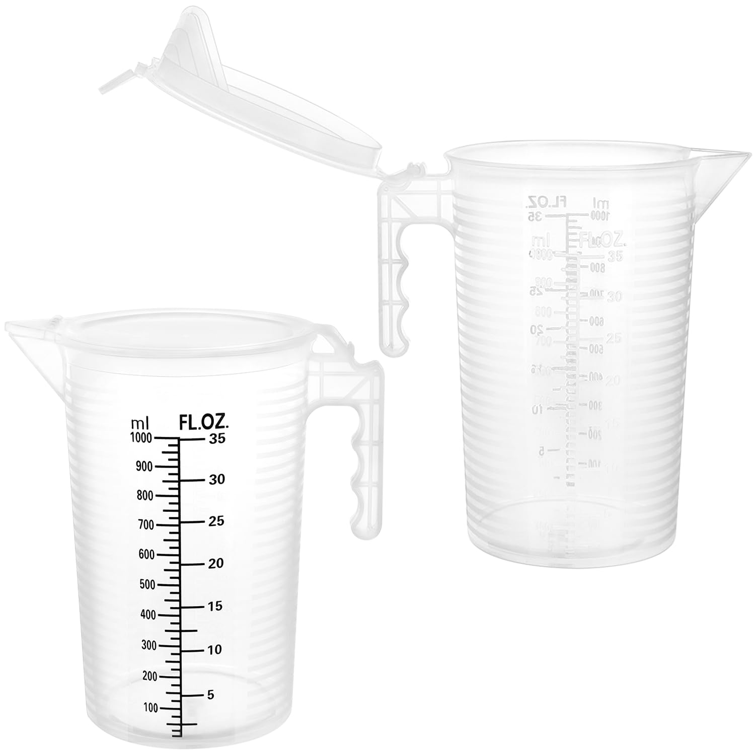 QWORK 2 Pack 32oz (1 Quart) Measuring Pitcher - Plastic, Multipurpose, Polypropylene, with Clear Ounce & Milliliter Markings, Dustproof Lid, for Cooking, Home Hobbies, Shop Oil and Fluids